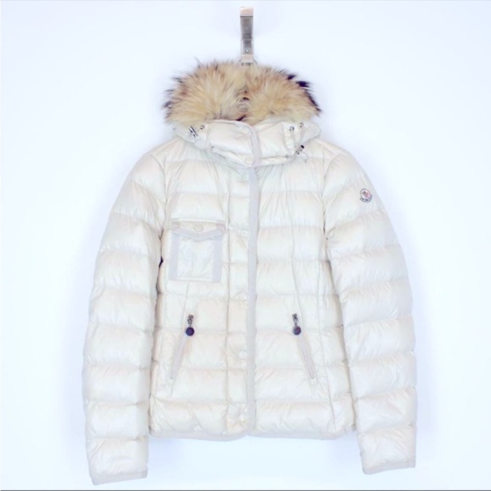 Moncler White Puffer Jacket with Tan Fur Trim